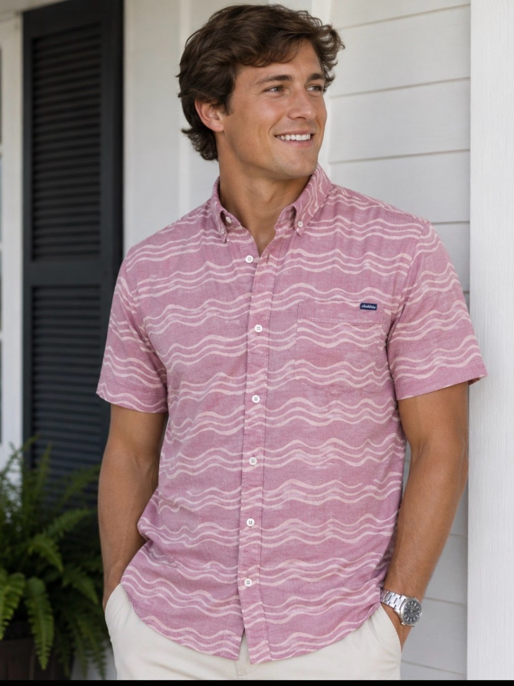 Chubbies The Airwave Resort Weave Friday Shirt Pink Wave Button Down Men's L